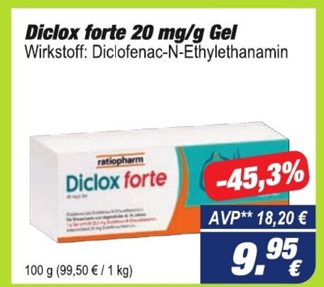 Easy Apotheke ratiopharm Diclox forte 20 mg/g Gel Wirkstoff: Diclofenac-N-Ethylethanamin 100g Angebot