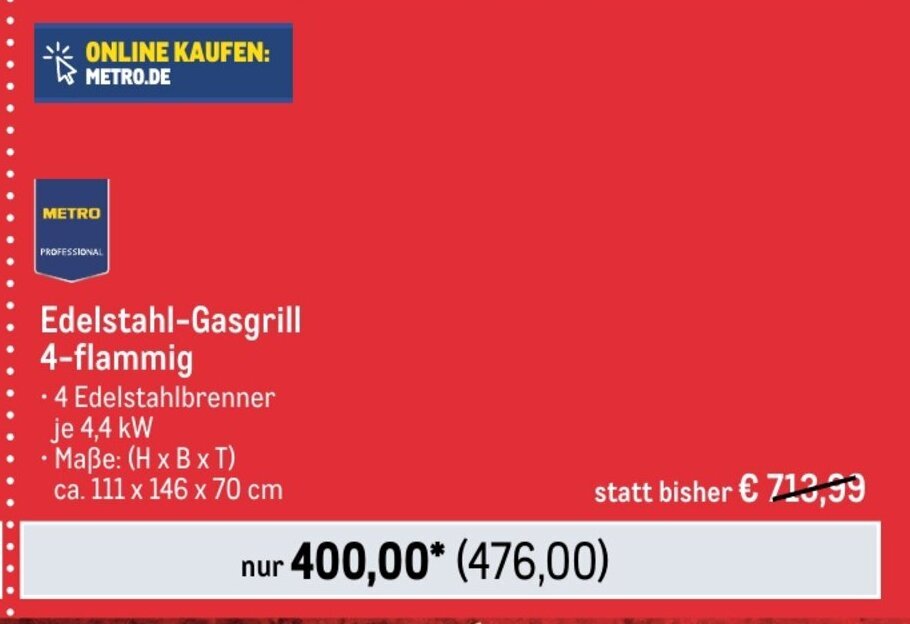 METRO METRO PROFESSIONAL Edelstahl-Gasgrill 4-flammig Angebot