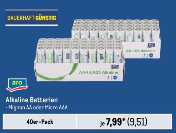 METRO aro Alkaline Batterien • Mignon AA oder Micro AAA 40er-Pack Angebot