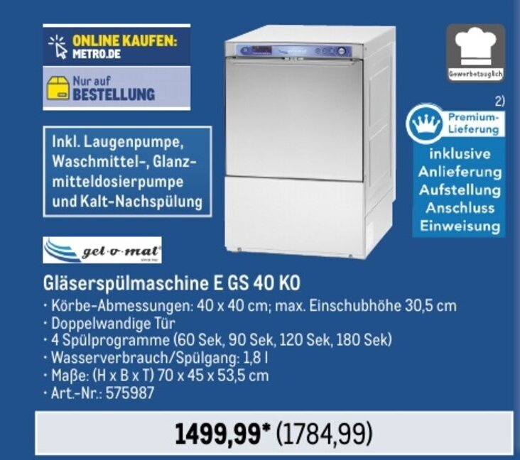 gel o mat Gläserspülmaschine E GS 40 KO Angebot bei METRO