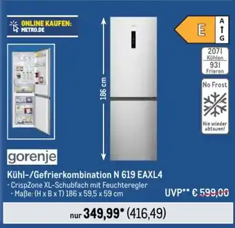 METRO gorenje Kühl-/Gefrierkombination N 619 EAXL4 -CrispZone XL-Schubfach mit Feuchteregler Angebot