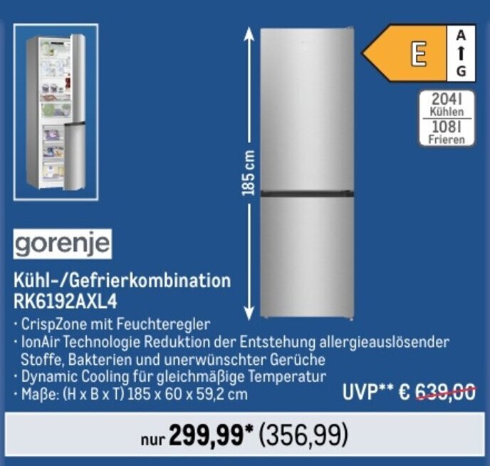 METRO gorenje Kühl-/Gefrierkombination RK6192AXL4 Angebot