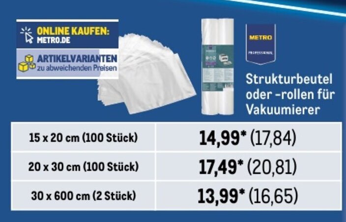 METRO METRO Strukturbeutel oder -rollen für Vakuumierer 15*20cm 100st Angebot