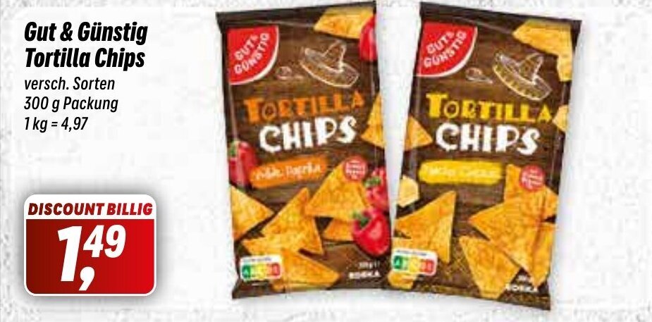 Simmel Gut & Günstig Tortilla Chips versch. Sorten 300 g Packung 1 kg = 4,97 Angebot