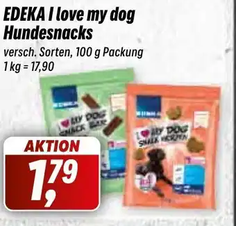 Simmel EDEKA I love my dog Hundesnacks versch. Sorten, 100 g Packung 1 kg = 17,90 Angebot