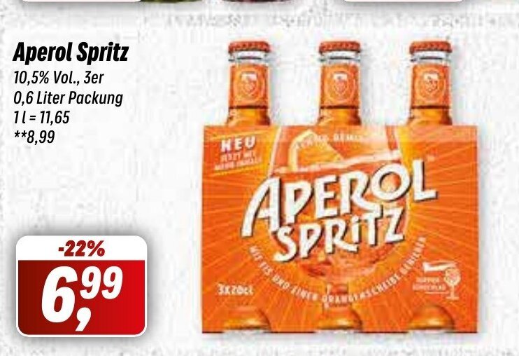 Simmel Aperol Spritz 10,5% Vol., 3er 0,6 Liter Packung 11 = 11,65 Angebot