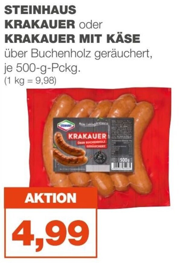 mein real STEINHAUS KRAKAUER oder KRAKAUER MIT KÄSE  je 500 g Angebot