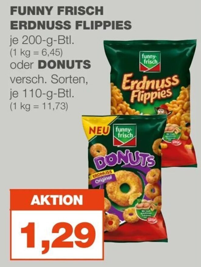 mein real FUNNY FRISCH ERDNUSS FLIPPIES oder DONUTS je 200/110 g Angebot
