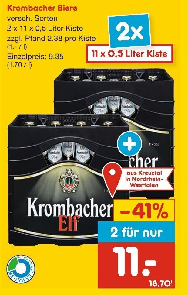 Netto Getränke Discount Krombacher Biere versch. Sorten 2 x 11 x 0,5 Liter Kiste Angebot