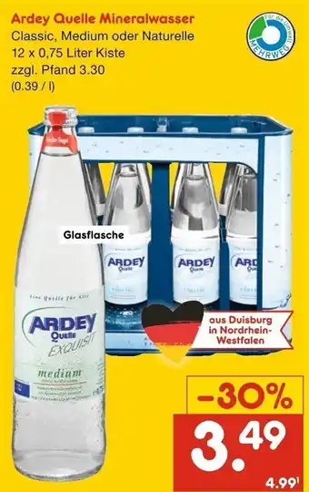 Netto Getränke Discount Ardey Quelle Mineralwasser Classic, Medium oder Naturelle 12 x 0,75 Liter Kiste Angebot