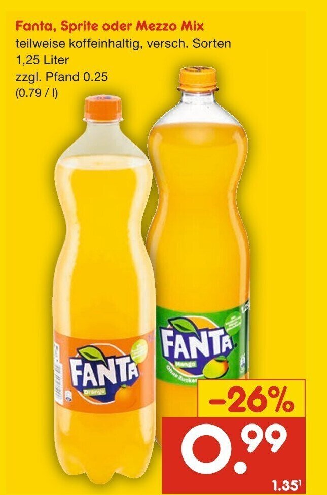 Netto Getränke Discount Fanta, Sprite oder Mezzo Mix teilweise koffeinhaltig, versch. Sorten 1,25 Liter Angebot