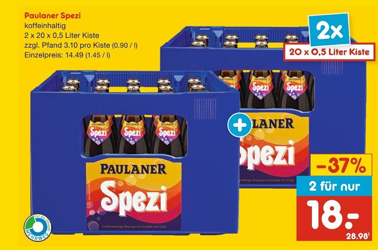 Netto Getränke Discount Paulaner Spezi koffeinhaltig 2 x 20 x 0,5 Liter Kiste Angebot