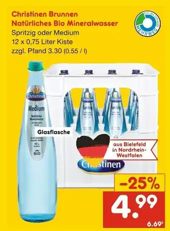 Netto Getränke Discount Christinen Brunnen Natürliches Bio Mineralwasser Spritzig oder Medium 12 x 0,75 Liter Angebot