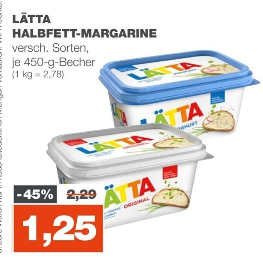 mein real LÄTTA HALBFETT-MARGARINE je 450-g-Becher Angebot