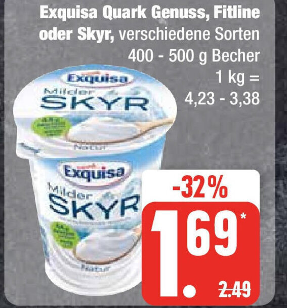 Edeka Exquisa Quark Genuss, Fitline oder Skyr, verschiedene Sorten 400 - 500 g Becher Angebot