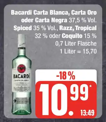 Edeka Bacardi Carta Blanca, Carta Oro oder Carta Negra. Spiced. Razz, Tropical oder Coquito  0,7 Liter Angebot