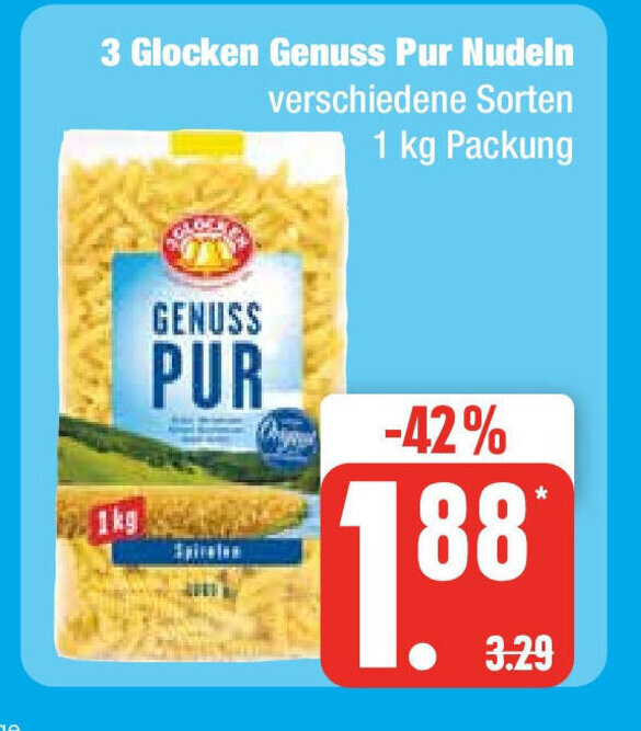 Edeka 3 Glocken Genuss Pur Nudeln verschiedene Sorten 1 kg Angebot