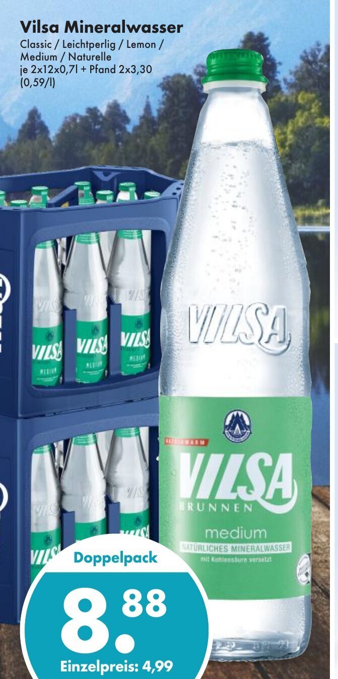 Trink und Spare Vilsa Mineralwasser Classic / Leichtperlig / Lemon / Medium / Naturelle je 2x12x0,7l Angebot