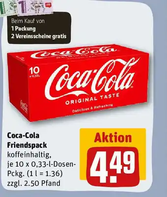 REWE Coca-Cola Friendspack koffeinhaltig, je 10 x 0,33-l-Dosen-Pckg. (1 = 1.36) zzgl. 2.50 Pfand Angebot