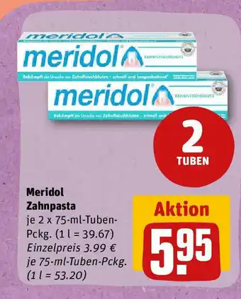 REWE Meridol Zahnpasta je 2 x 75-ml-Tuben-Pckg. (1 l = 39.67) Einzelpreis 3.99 € je 75-ml-Tuben-Pckg. (1 l = 53.20) Angebot