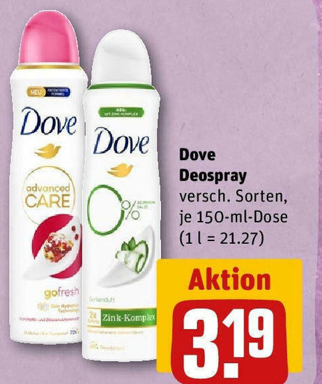 REWE Dove Deospray versch. Sorten, je 150-ml-Dose (1 | = 21.27) Angebot