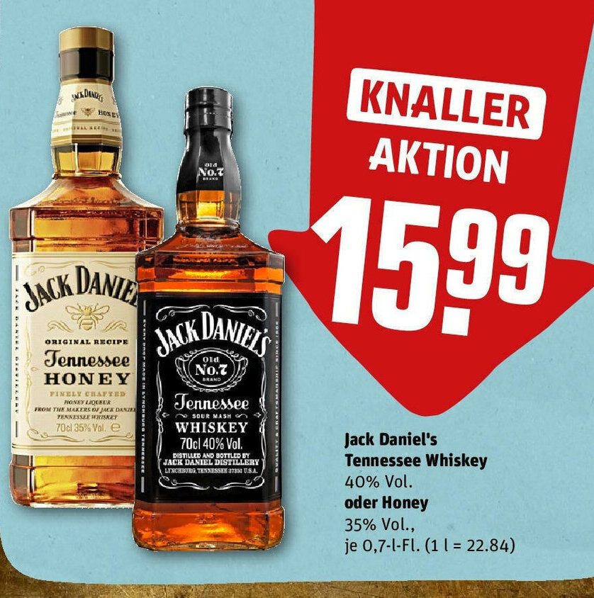 REWE Jack Daniel's Tennessee Whiskey 40% Vol. oder Honey 35% Vol., 700ml Angebot