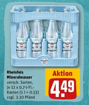 REWE Rheinfels Mineralwasser versch. Sorten, je 12 x 0,7-l-Fl.-Kasten (11= 0.53) zzgl. 3.30 Pfand Angebot