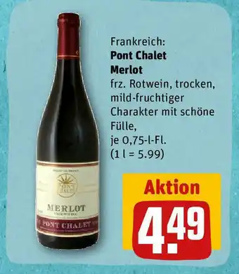 REWE Frankreich: Pont Chalet Merlot frz. Rotwein, trocken, mild-fruchtiger Charakter mit schöne Fülle, 750ml Angebot