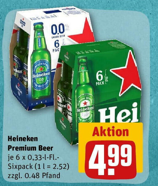 REWE Heineken Premium Beer je 6 x 0,33-l-Fl.-Sixpack Angebot