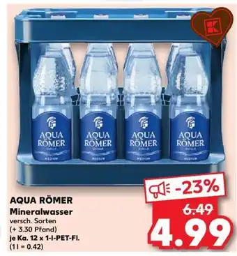 Kaufland AQUA RÖMER Mineralwasser versch. Sorten (+ 3.30 Pfand) je Ka. 12 x 1-1-PET-FI. (11 = 0.42) Angebot