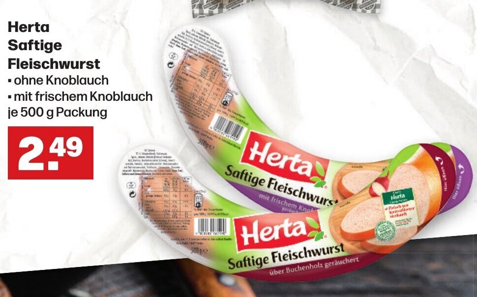 Handelshof Herta Saftige Fleischwurst je 500 g Packung Angebot