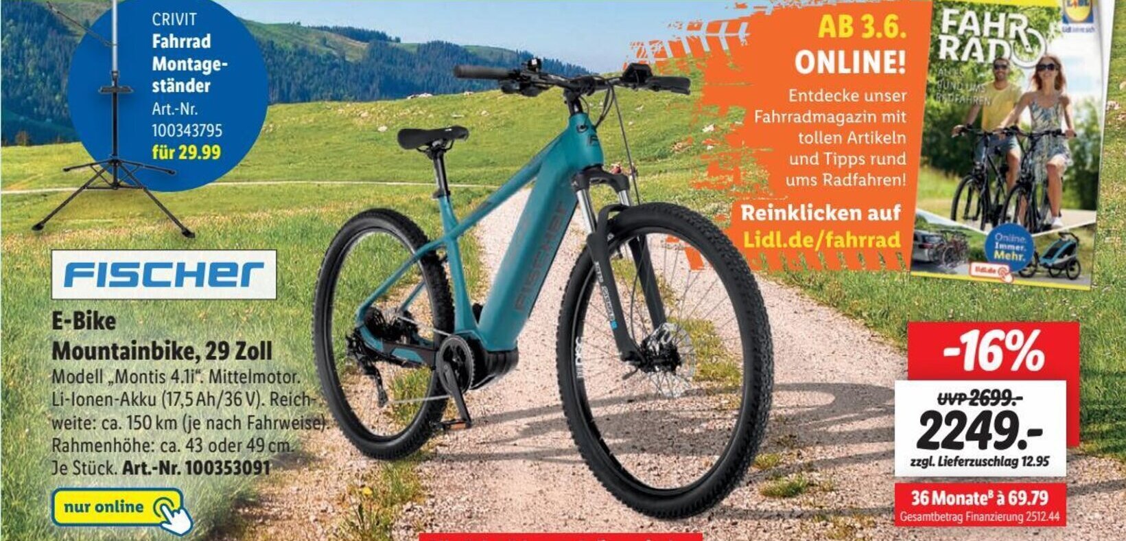 Lidl FISCHEr E-Bike Mountainbike, 29 Zoll Modell Montis 4.1i". Angebot