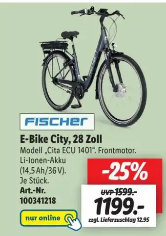 Lidl FISCHER E-Bike City, 28 Zoll Modell ,,Cita ECU 1401". Frontmotor. Angebot