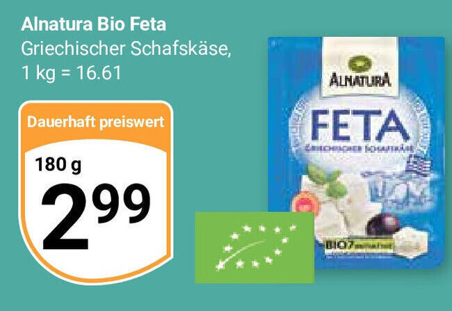 Globus Alnatura Bio Feta Griechischer Schafskäse, 180g Angebot