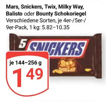 Globus Mars, Snickers, Twix, Milky Way, Balisto oder Bounty Schokoriegel Verschiedene Sorten, je 4er-/5er-/ 9er-Pack, 144-256g Angebot