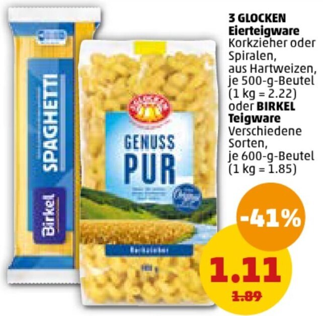 PENNY 3 GLOCKEN Eierteigware 500 g oder Birkel Teigware 600 g Beutel Angebot