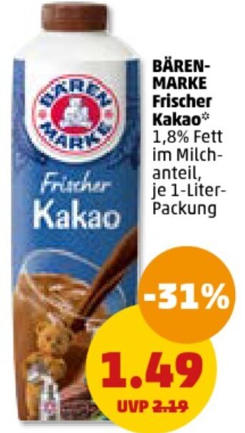 PENNY BÄRENMARKE Frischer Kakao 1-Liter Packung Angebot