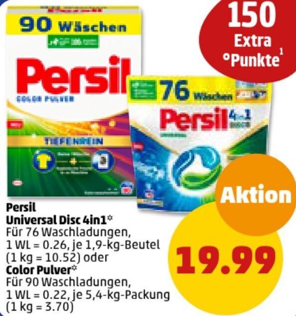 PENNY Persil Universal Disc 4in1, 1,9 kg Beutel oder Color Pulver 5,4 kg Packung Angebot