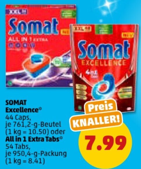PENNY SOMAT Excellence 761,2-g-Beutel oder All in 1 Extra Tabs 950,4-g-Packung Angebot