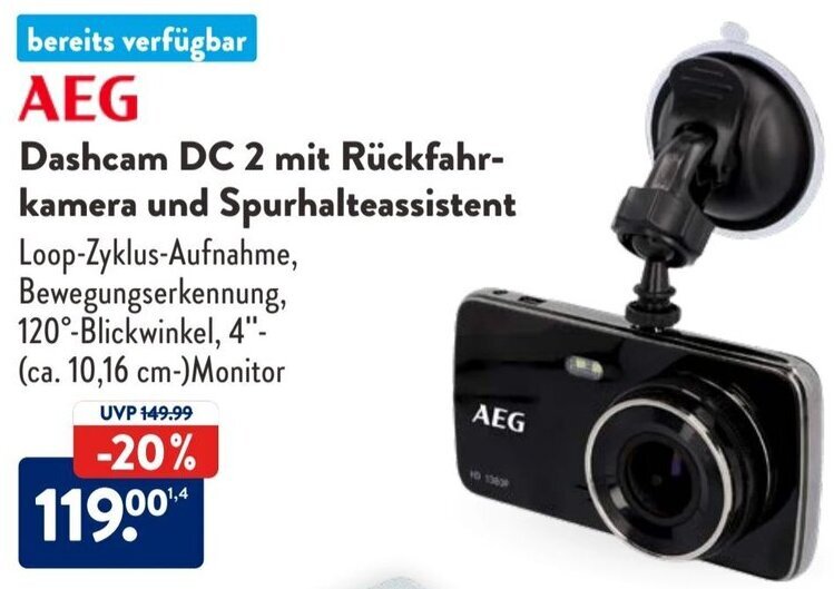 AEG Dashcam DC 2 mit Rückfahrkamera und Spurhalteassistent Angebot bei