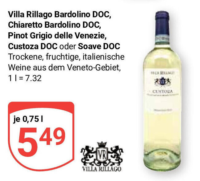 Globus Villa Rillago Bardolino DOC, Chiaretto Bardolino DOC, Pinot Grigio delle Venezie, Custoza DOC oder Soave DOC 750ml Angebot