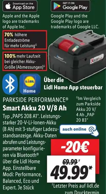 Lidl PARKSIDE PERFORMANCE® Smart Akku 20 V/8 Ah Angebot