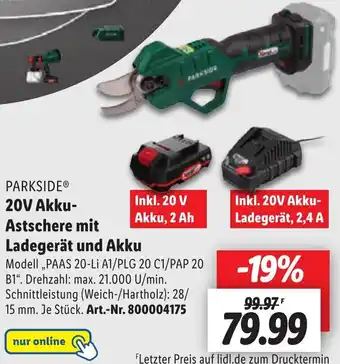 Lidl PARKSIDEⓇ 20V Akku-Astschere mit Ladegerät und Akku Angebot