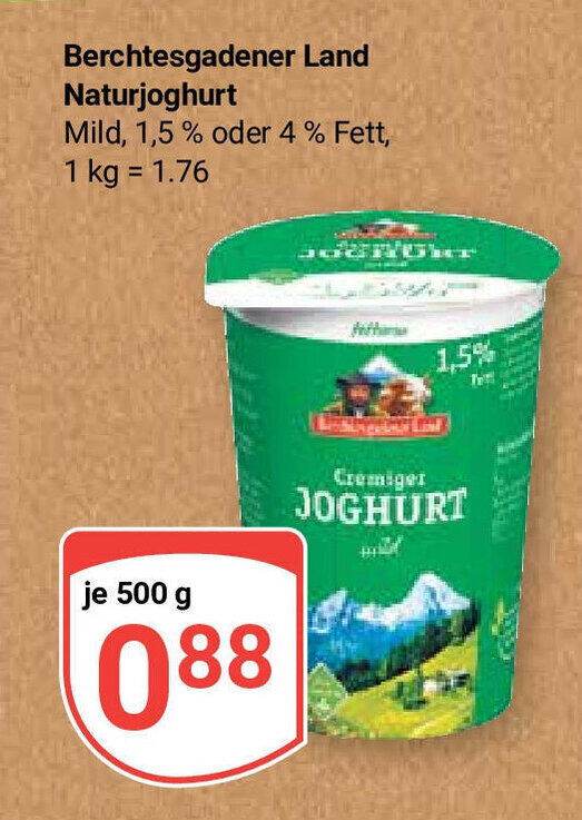 Globus Berchtesgadener Land Naturjoghurt je 500 g Angebot