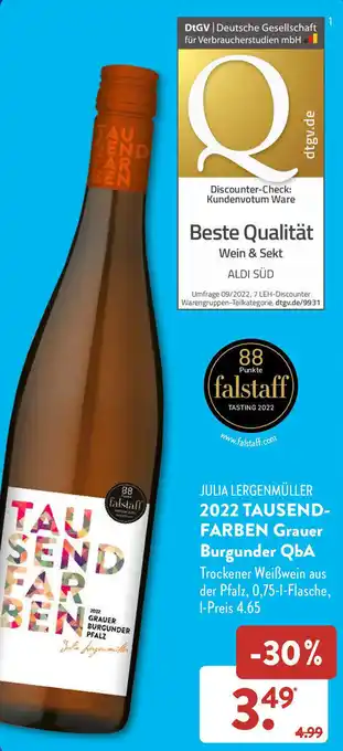 Aldi Süd JULIA LERGENMÜLLER 2022 TAUSEND-FARBEN Grauer Burgunder QbA  0,75-L-Flasche Angebot