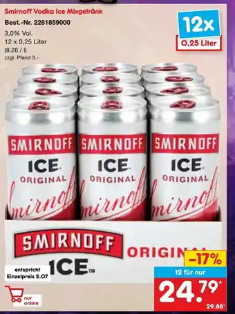 Netto Marken-Discount Smirnoff Vodka Ice Mixgetränk 12 x 0,25 Liter Angebot