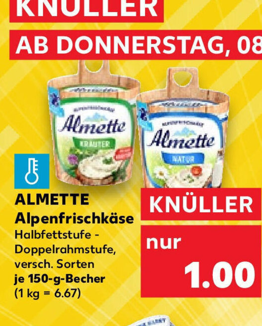 Kaufland ALMETTE Alpenfrischkäse Halbfettstufe - Doppelrahmstufe, versch. Sorten je 150-g-Becher Angebot