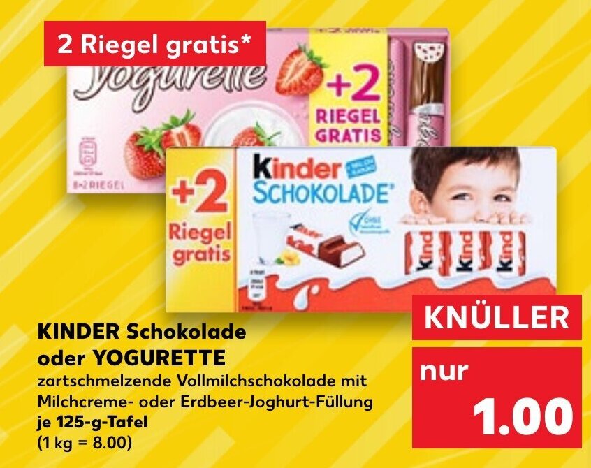Kaufland KINDER Schokolade oder YOGURETTE zartschmelzende Vollmilchschokolade mit Milchcreme- oder Erdbeer-Joghurt-Füllung Angebot