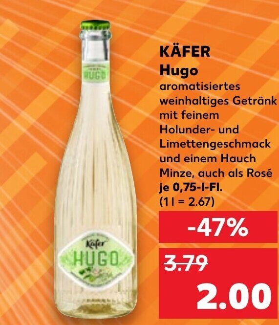 Kaufland KÄFER Hugo aromatisiertes weinhaltiges Getränk mit feinem Holunder-und Limettengeschmack und einem Hauch Minze, auch als Rosé Angebot