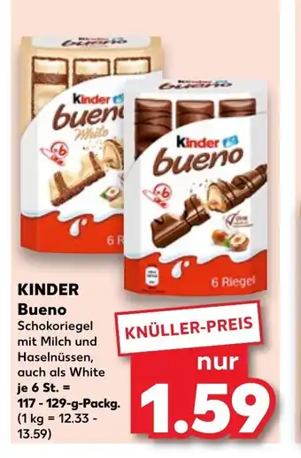 Kaufland KINDER Bueno Schokoriegel mit Milch und Haselnüssen, auch als White je 6 St. = 117-129-G-Packg. ( 1kg=12.33-13.59) Angebot